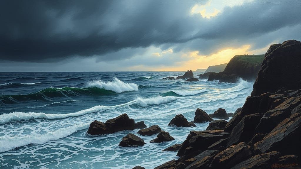 a hauntingly beautiful impasto seascape where turbulent impa...