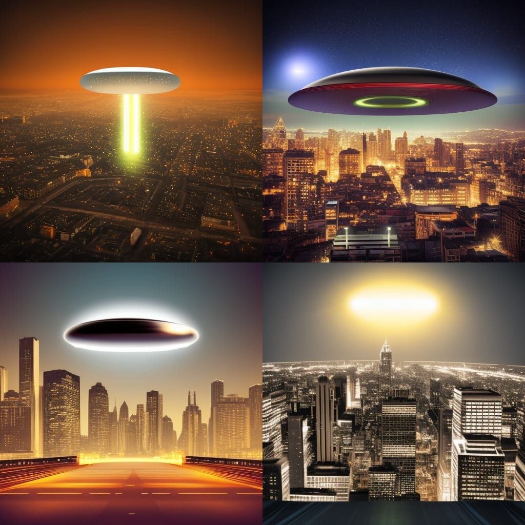 Long oval ufo with detailed surface, lights, night time, pho...