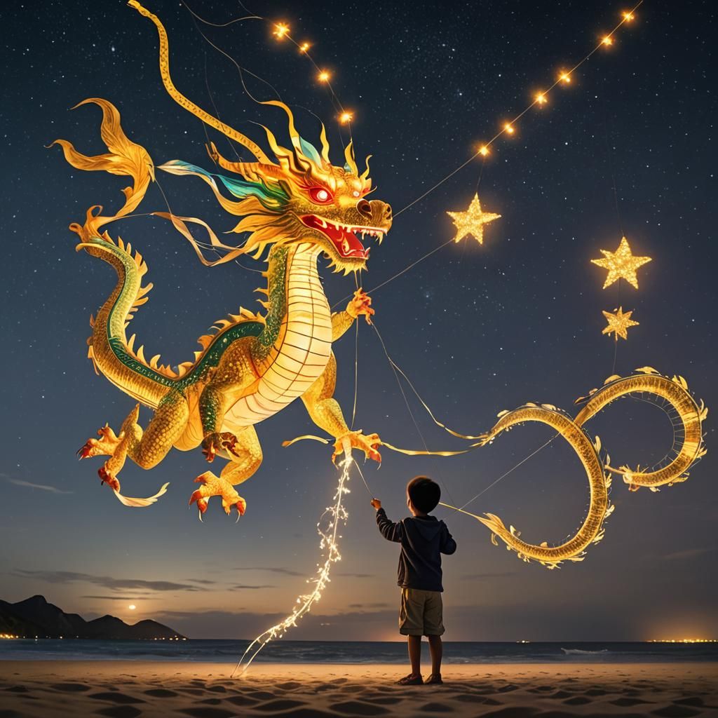 3D8K,HDR,A child holds the rope for the control line of (Luminescent Chinese Dragon-shaped Kite: 1.9), ...  by @Steph