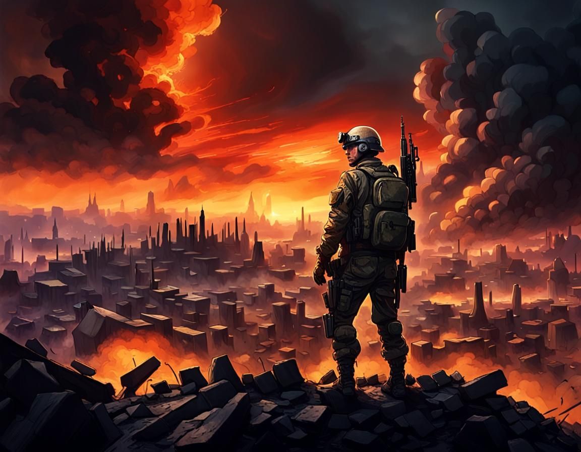 A soldier from the future, dirty and wounded, stands facing the camera on a hill overlooking a ruined town with a fiery sky above him.