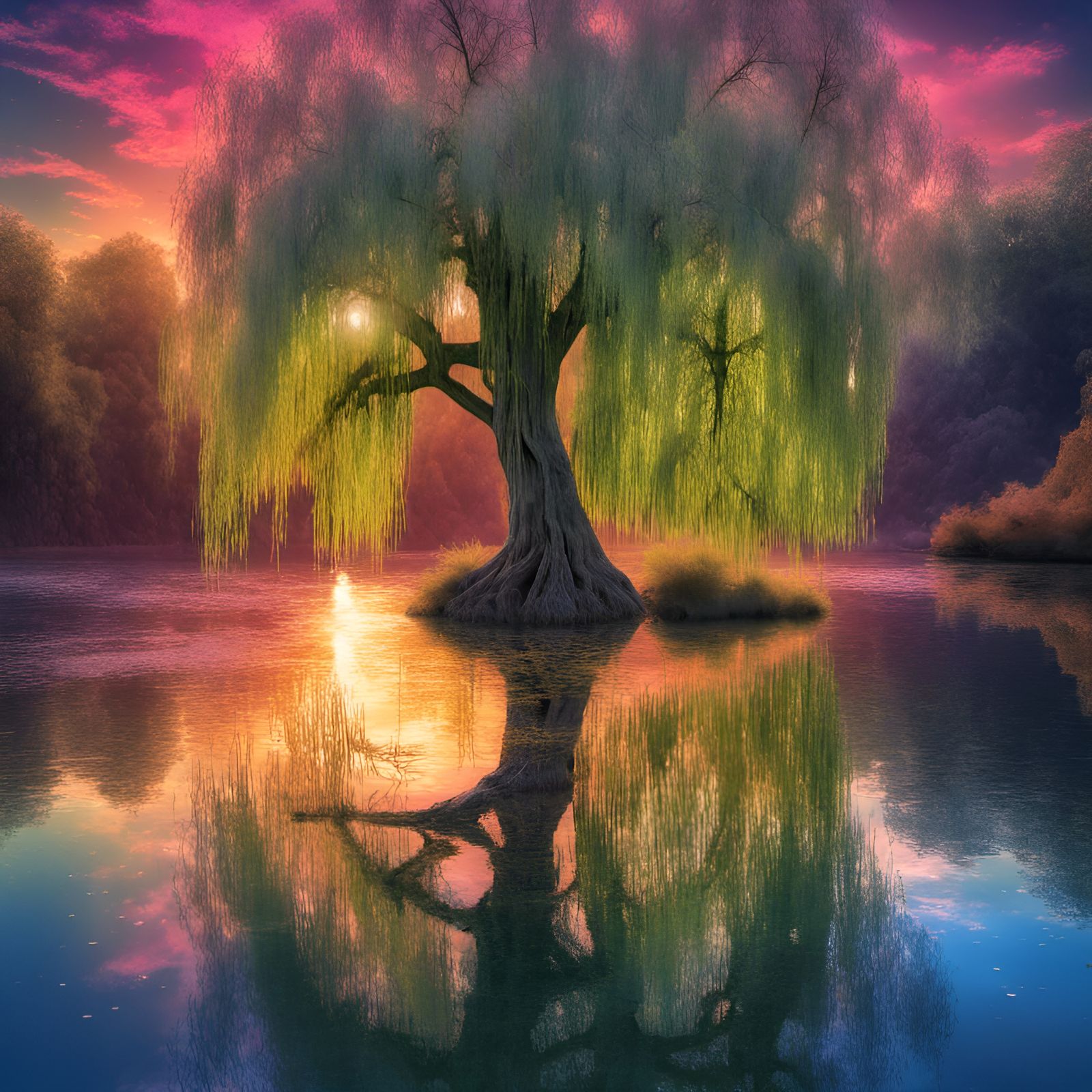 weeping willow tree, enchanted forest, deep water lake, vibrant colors ...