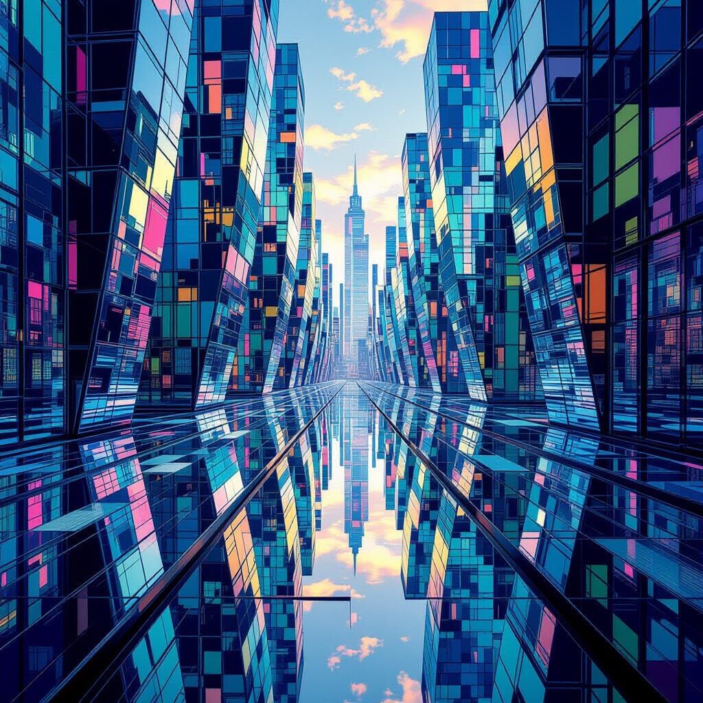 Futuristic Mirrored Cityscape with Kaleidoscopic Patterns