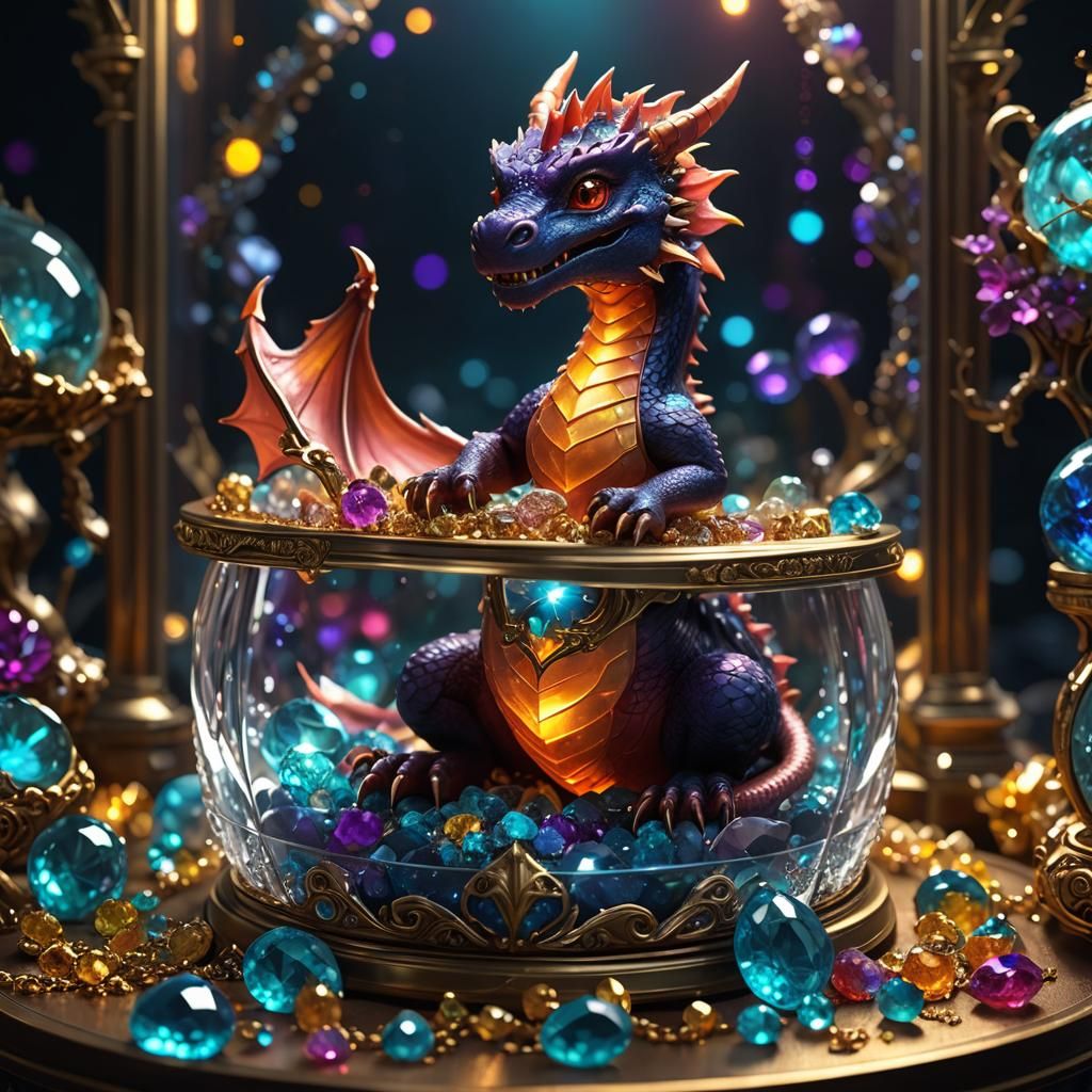 A cute miniature baby dragon sitting in a glass jewelry box ...
