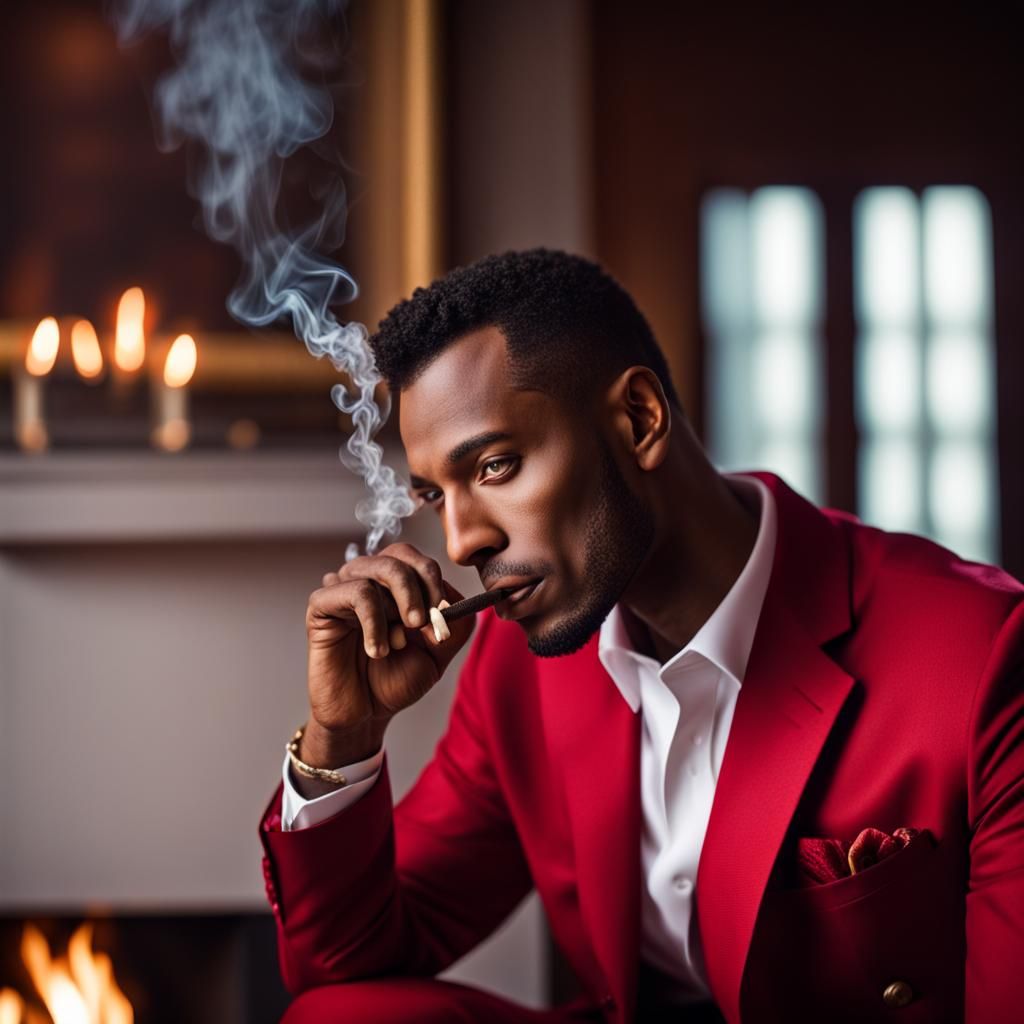 man attractive brown skinned man in a red suit sitting by a ...