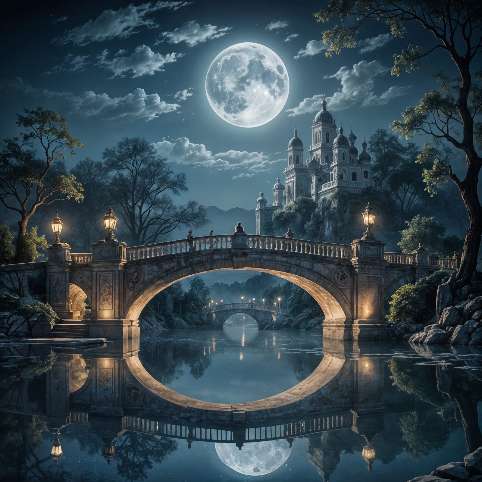 An arched marble bridge over a serene moonlit lake.  by @KomBib