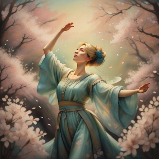 Woman Dancing Under Cherry Blossoms in Ethereal Spring Glow