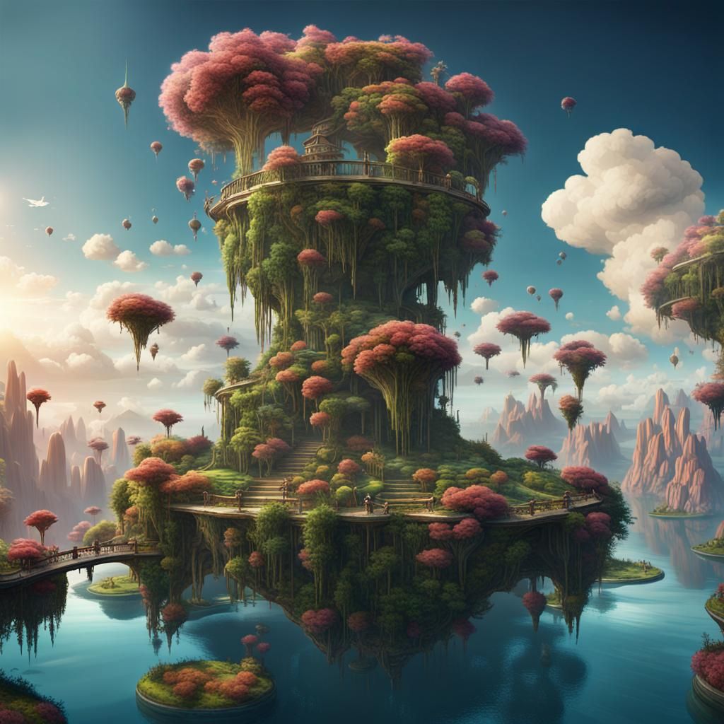 Craft an artwork of an unpredictable and dreamlike scenic la...