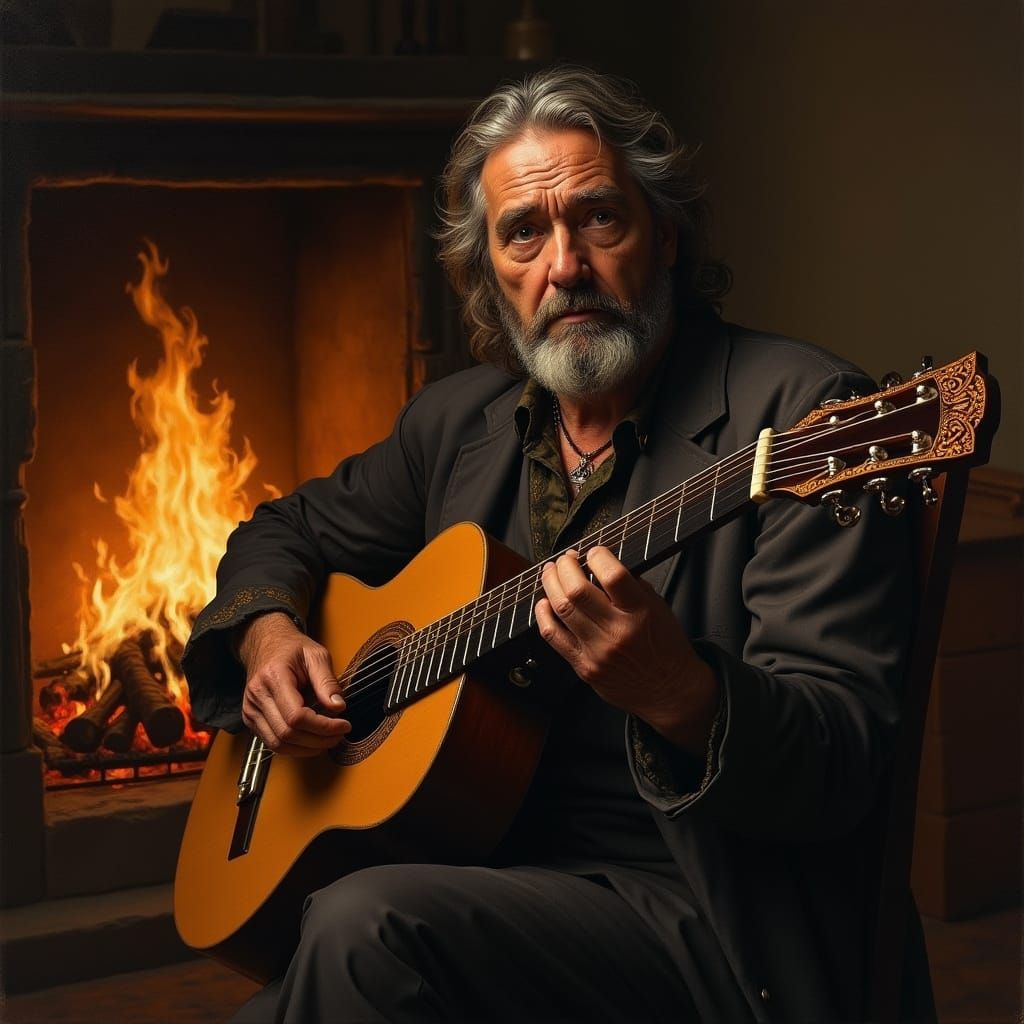Handsome gypsy man playing guitar sitting in a cozy room with a fireplace that illuminates the place with a warm light. Realistic oil painti...