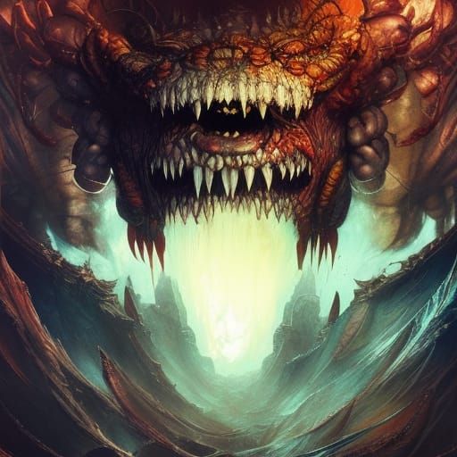 realistic balrog with happy mouth and sharp teeth drooling