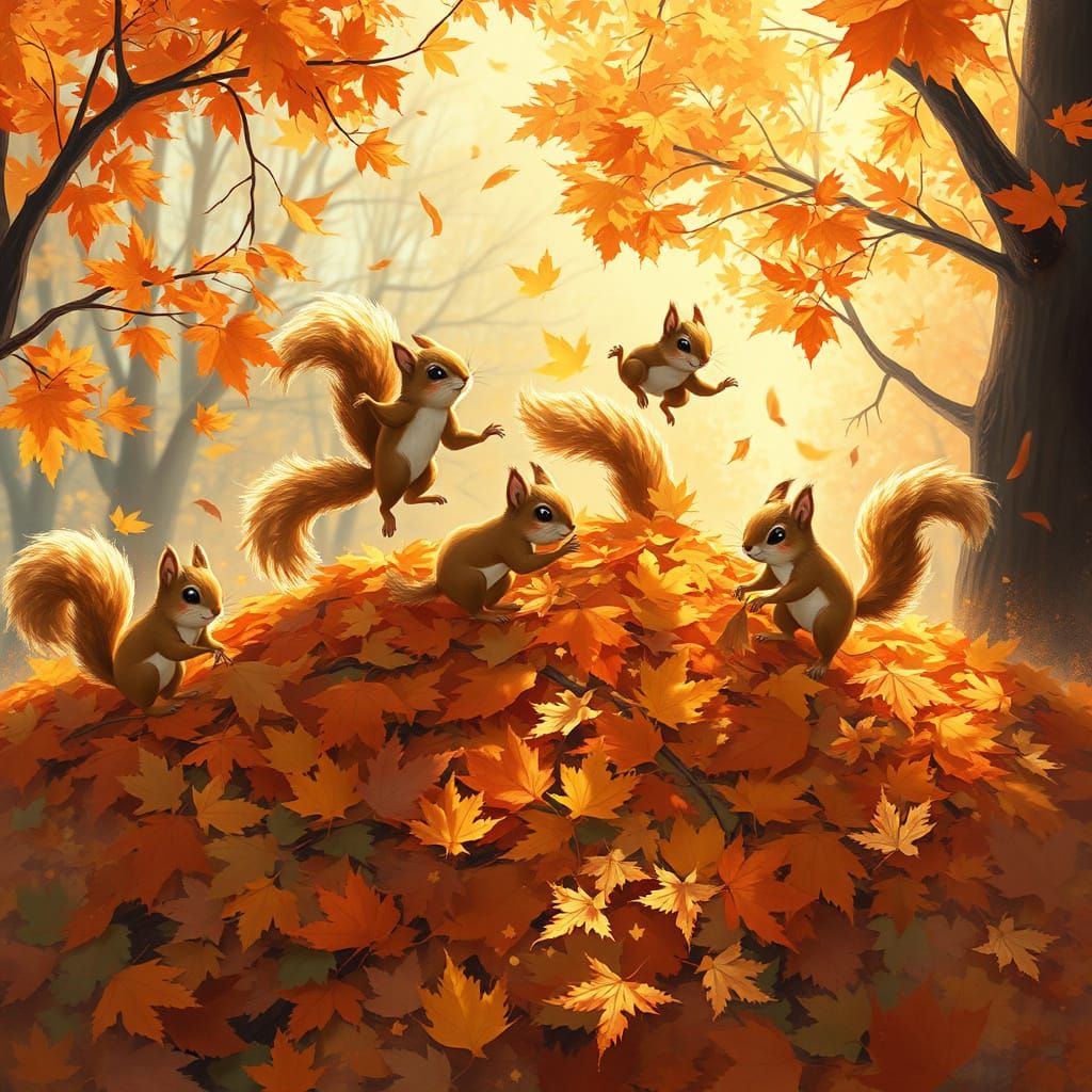 Mischievous Squirrels Play in Autumn Leaves