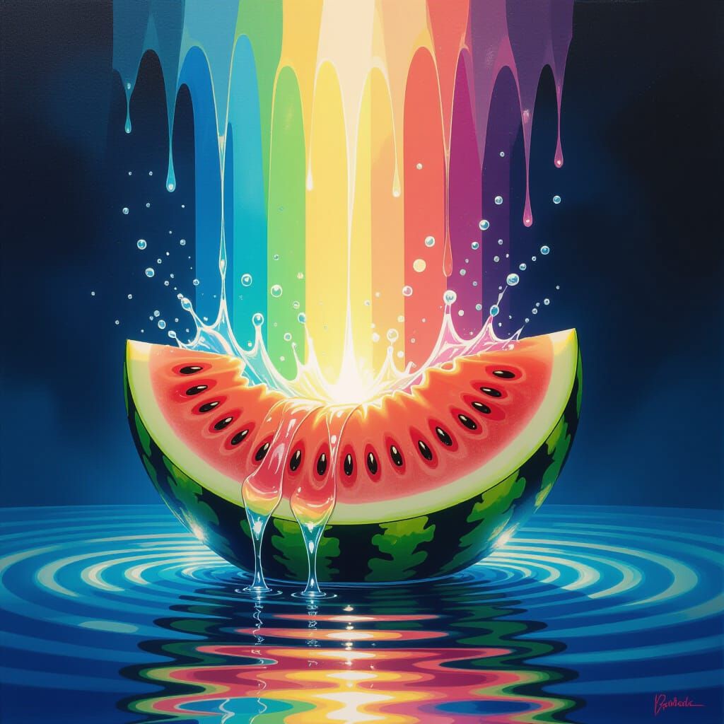 Surreal Watermelon With Liquid Rainbow Water