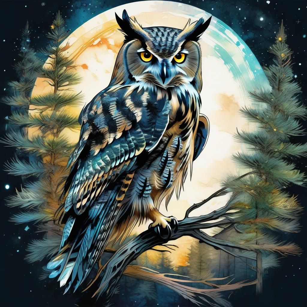 Owl and Pine Tree Double Exposure Watercolor