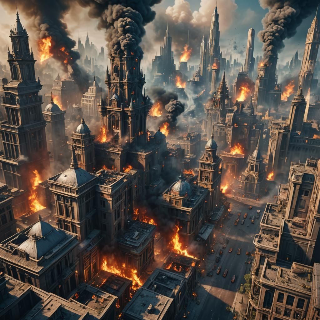 To create an amazing future city in distress, smoke, fire, p...