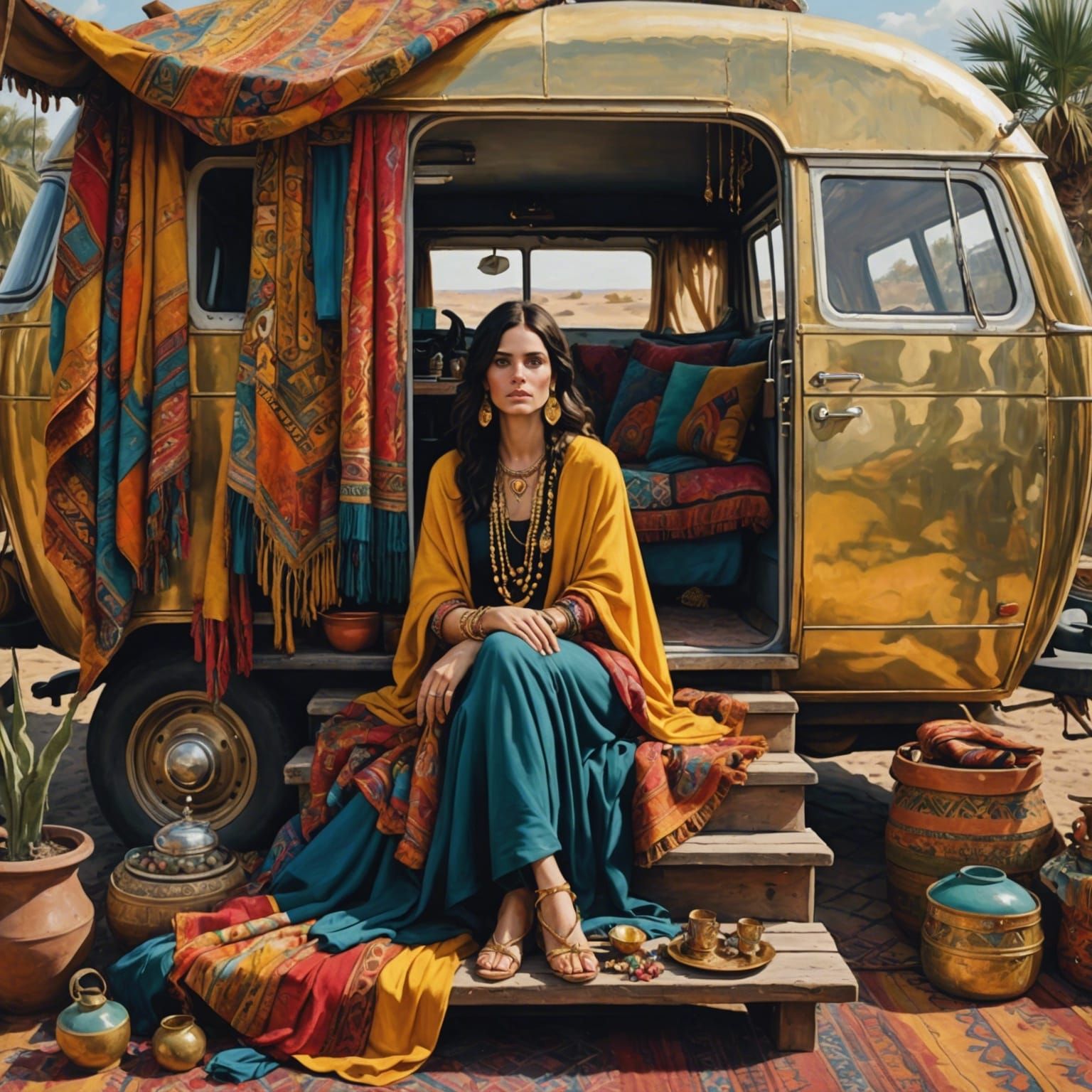 A modern bohemian Caravan, with a dark haired woman sitting ...