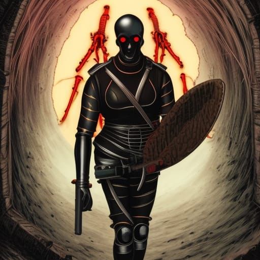 bald skeletal gaunt faced assassin wearing a visor with a si...