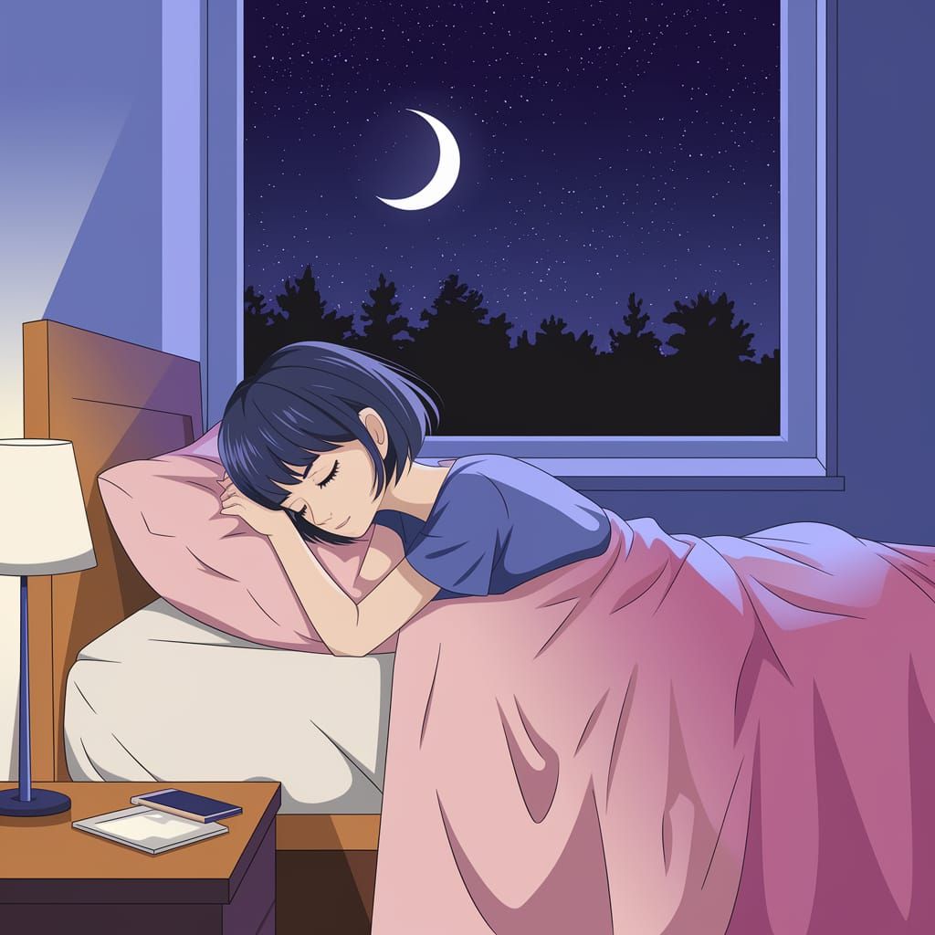 Anime Woman Slumbers in a Dark Bedroom