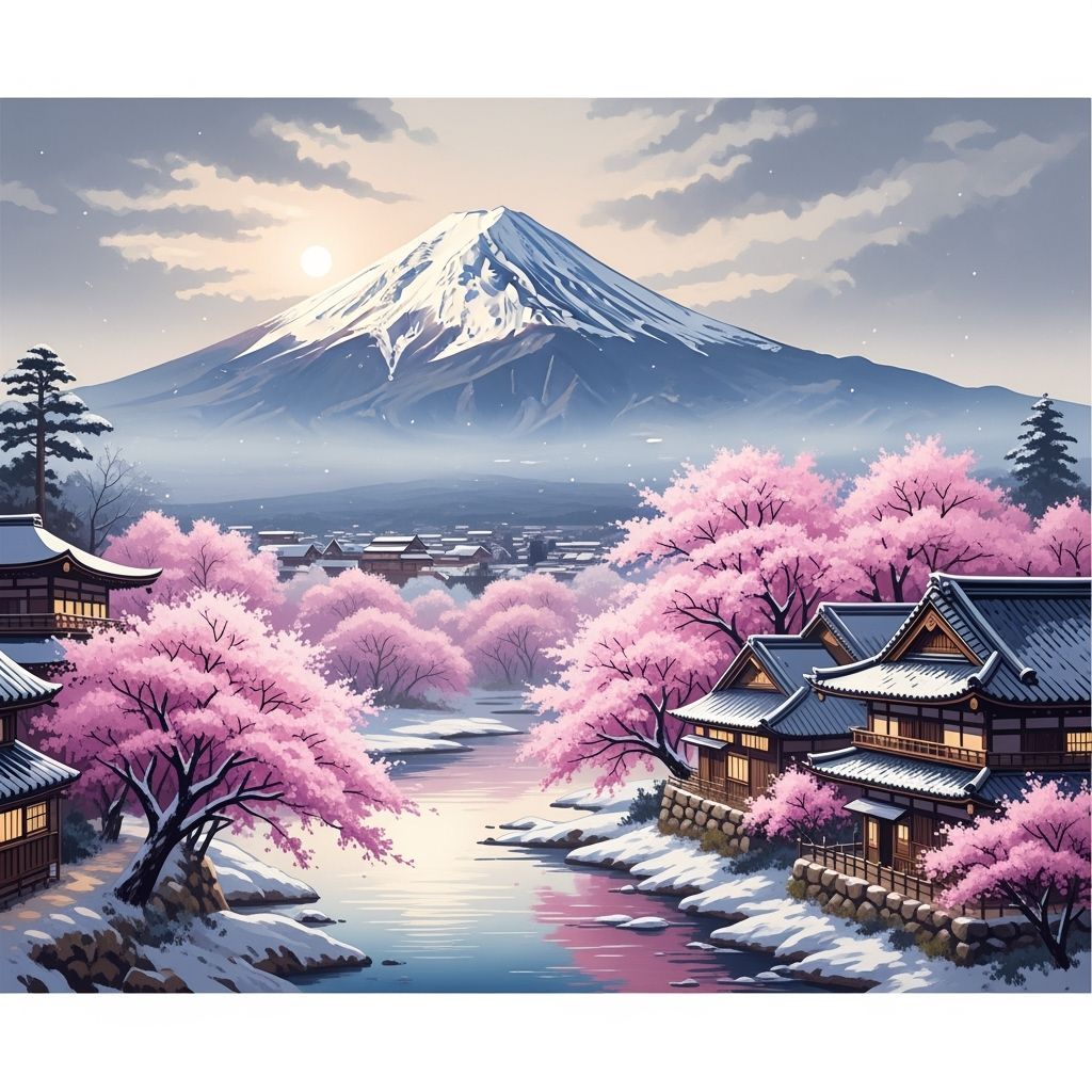 Mount Fuji Cherry Blossoms in Ukiyo-e Style