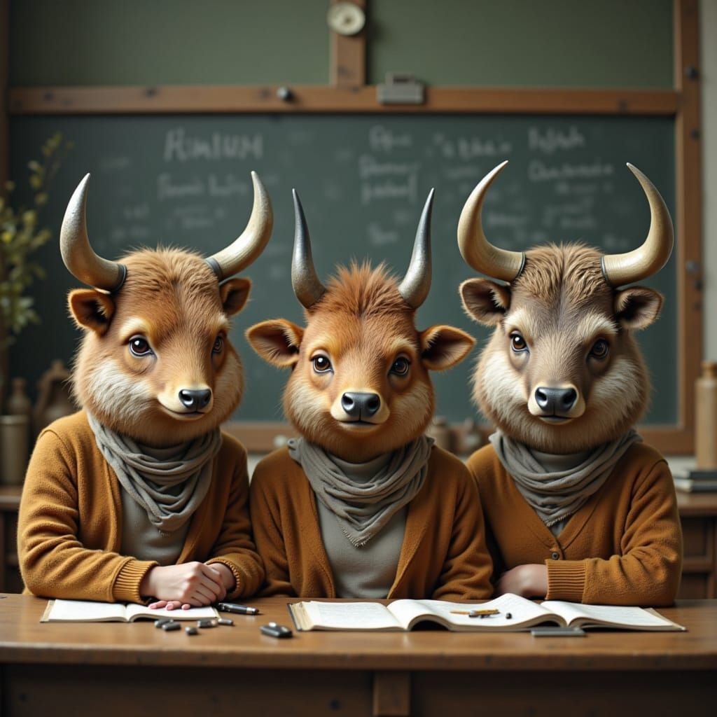 A class of theriocephalic children with animal heads are learning math. <lora:Theriocephaly Flux:1.0>