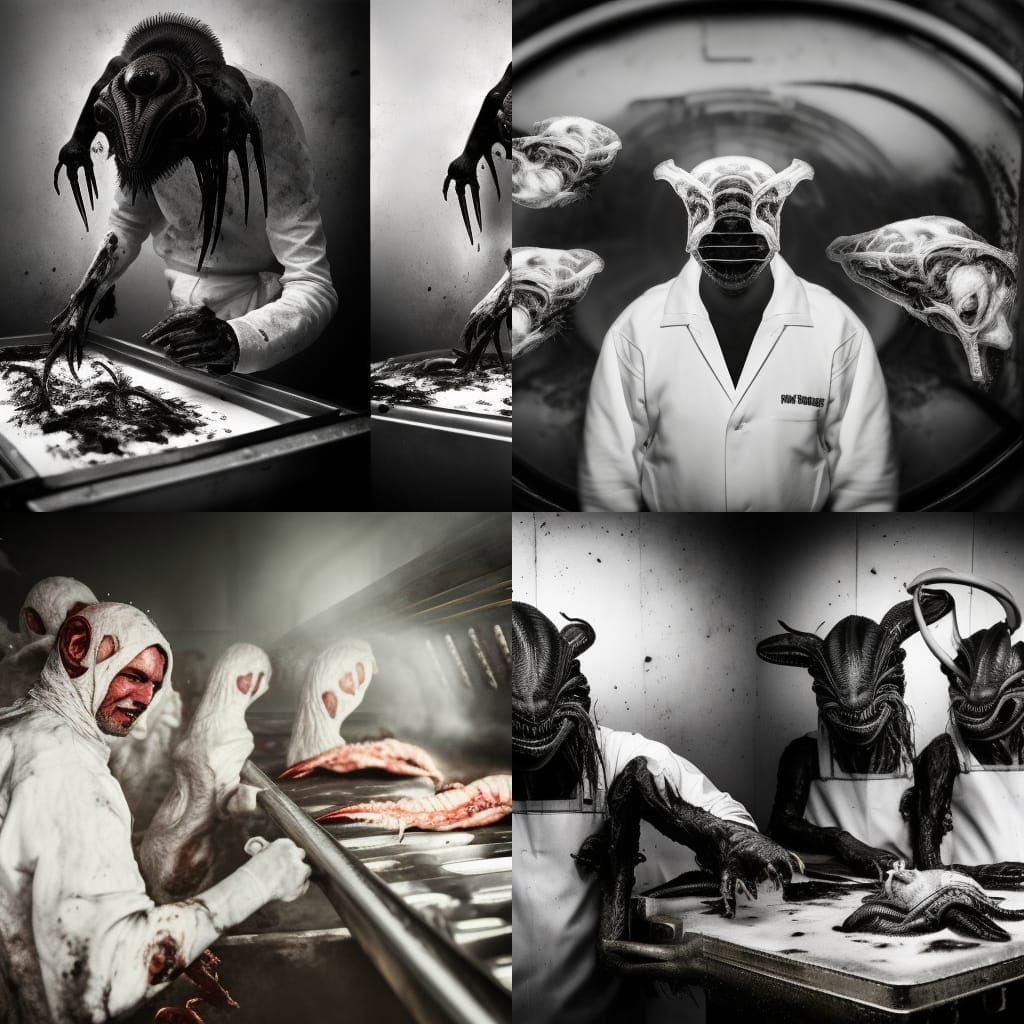 alien abattoir with alien creatures in white suits chopping ...