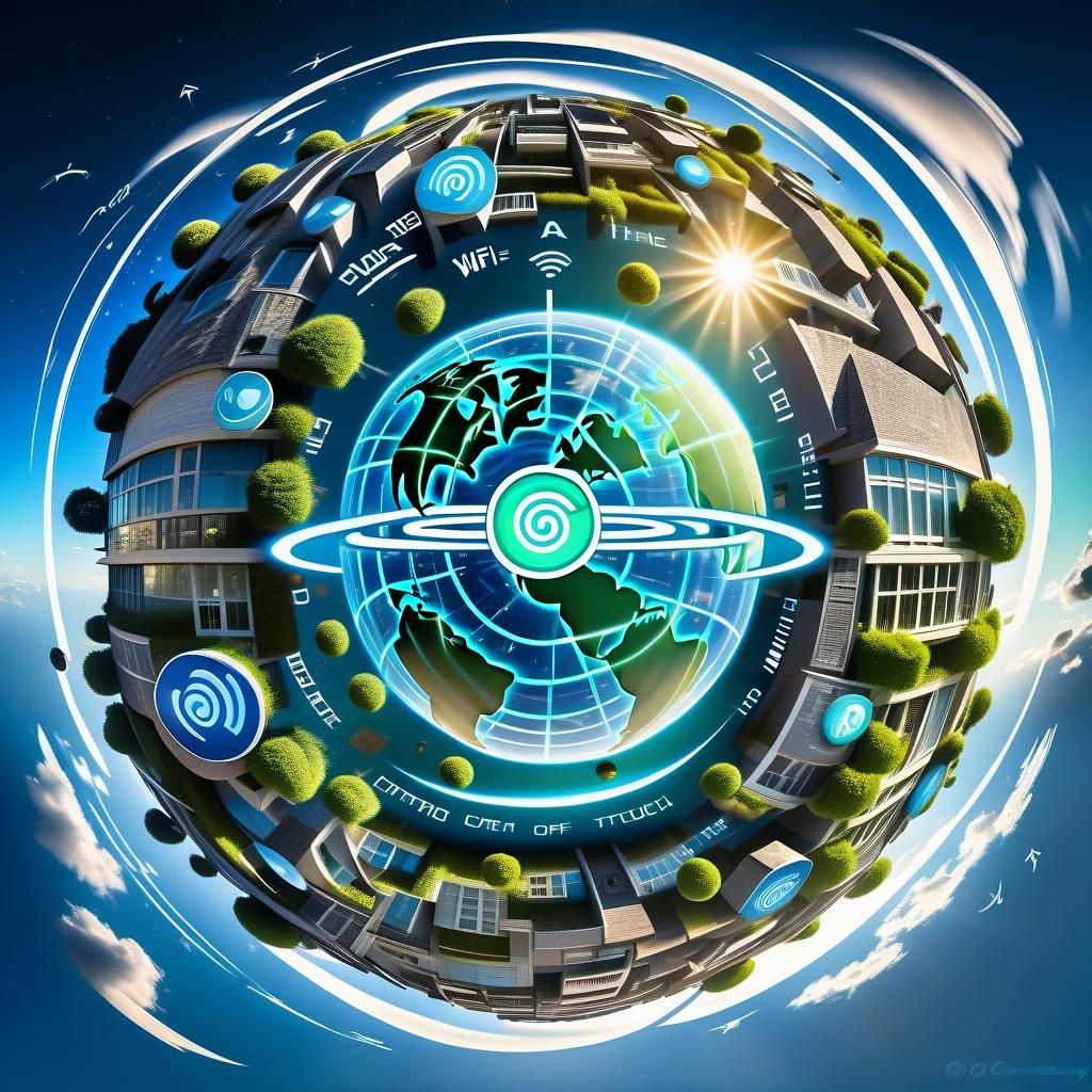 Globe surrounded by swirling symbols Wi-Fi
