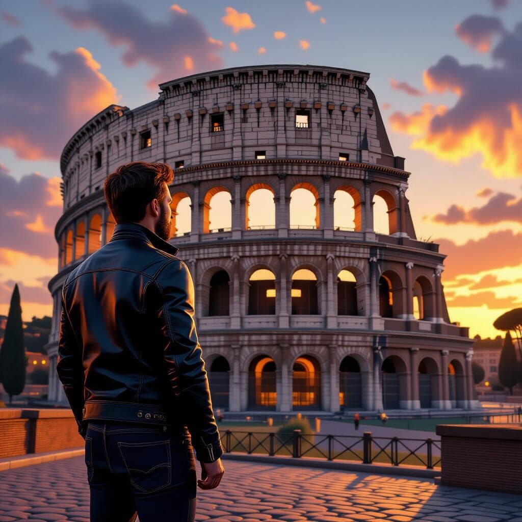 Man Gazing at Colosseum in Retro-Futuristic Style