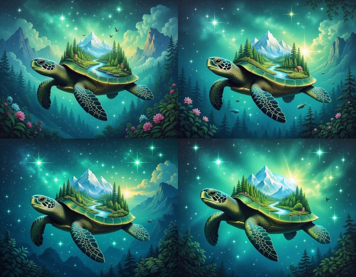 envision a cosmic turtle swimming through a sea of emerald stars, carrying a miniature world on its back. The world is f...