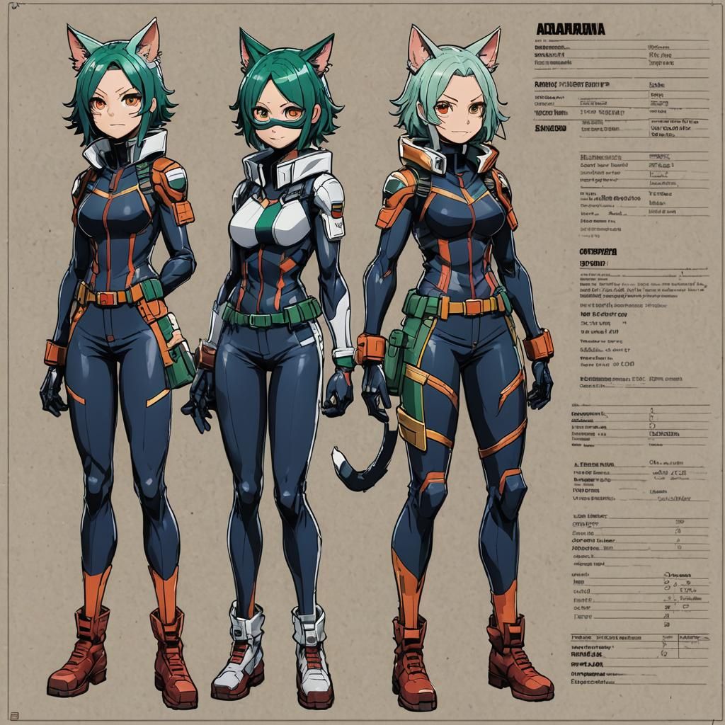 My hero academia character sheet, cat girl, full body, same ...