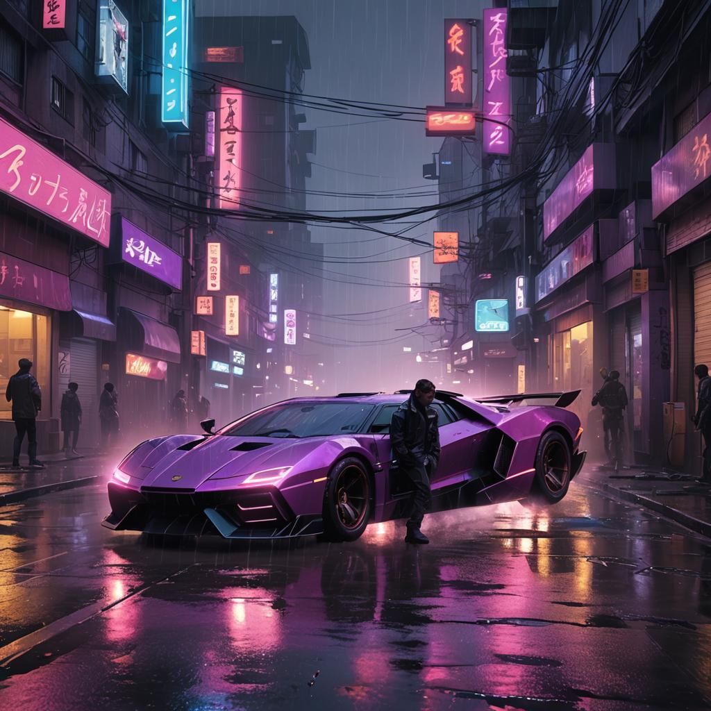 supercar futuriste violette circulant dans une rue sombre sous la pluie ...