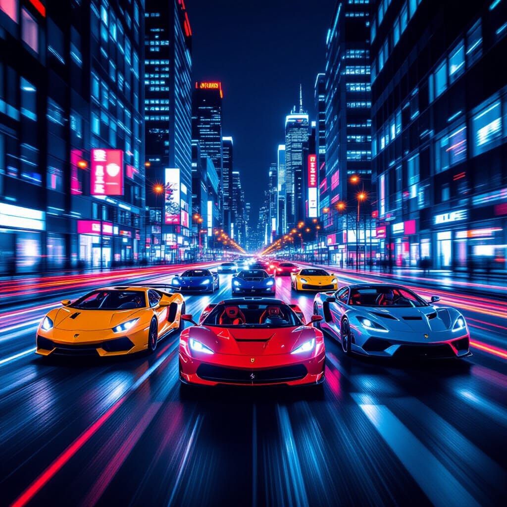 Racing Cars Double Exposure in Cyberpunk Style