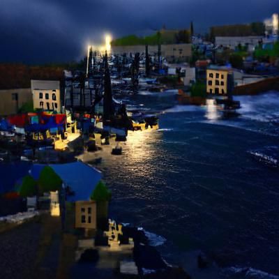 Darkness falls over a port town