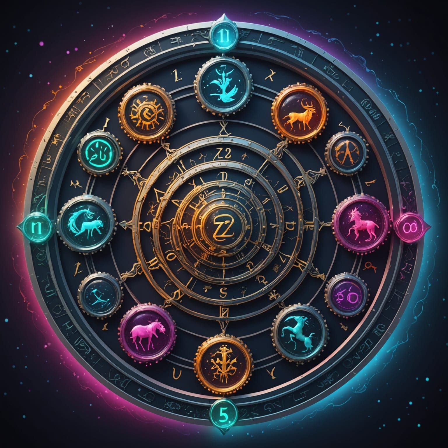 Neon Zodiac Wheel: Astrological Signs in Silver