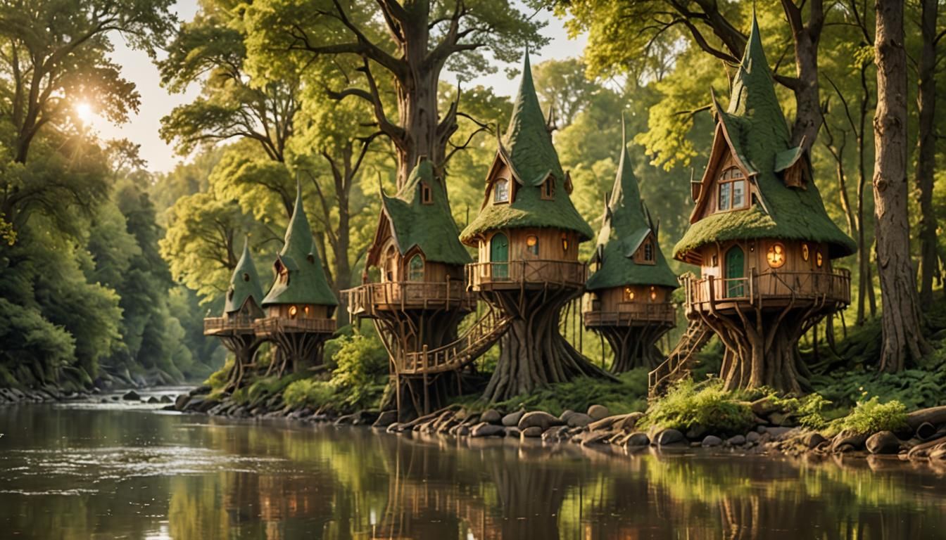 elven treehouses along the river