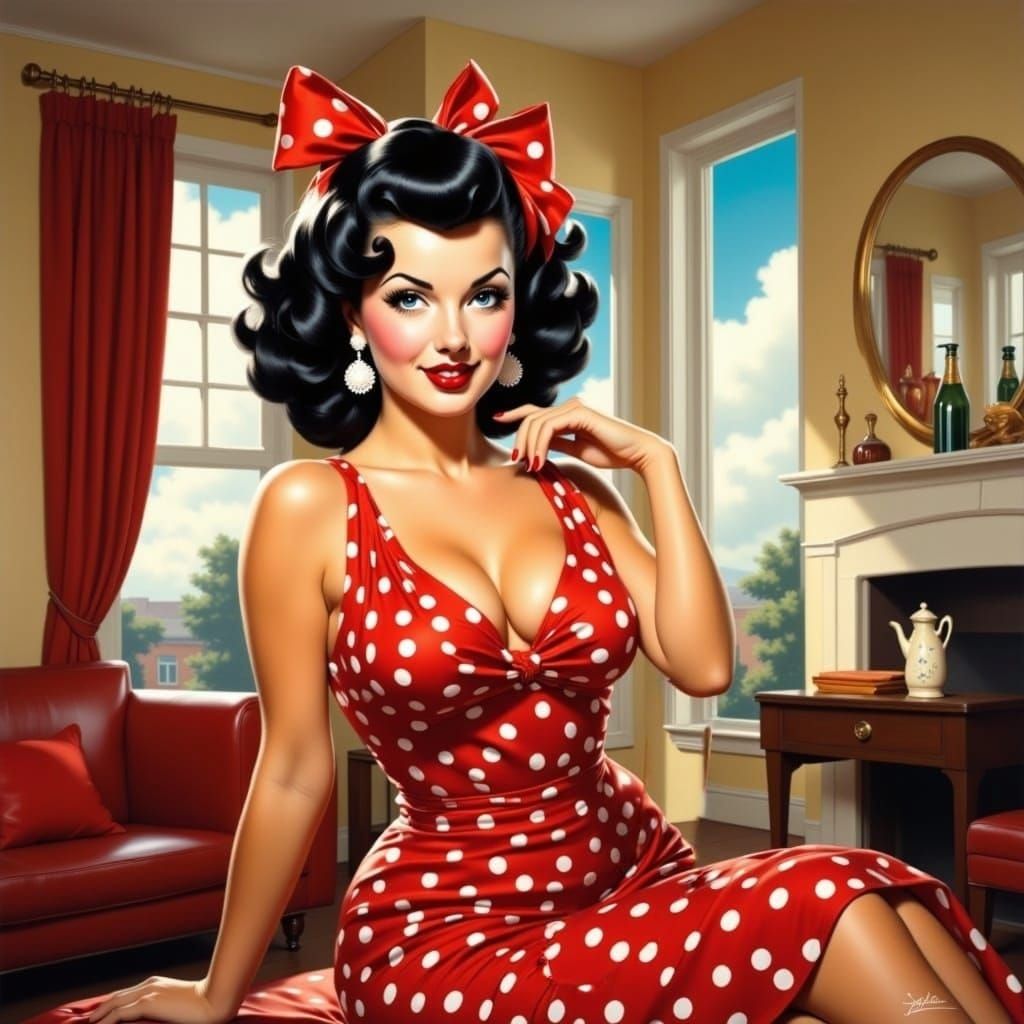 <lora:PinupFlux:1.0> full body portrait a beautiful pin up, pretty eyes, black curly hair, hourglass-shaped dress in red and white polka dot...