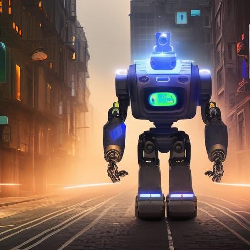 Robot roaming a busy city street, extremely zetta real time ...