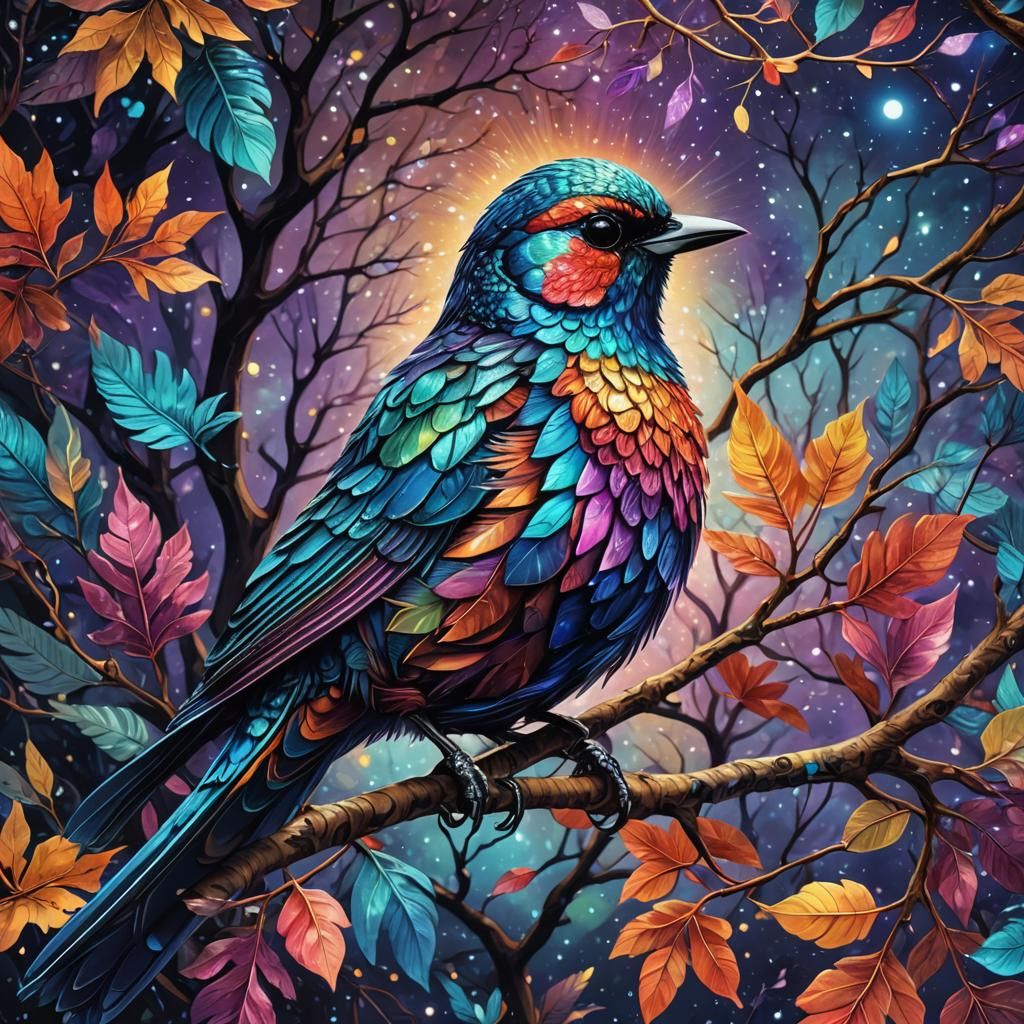 Cosmic Songbird on Branch as Mixed Media Art