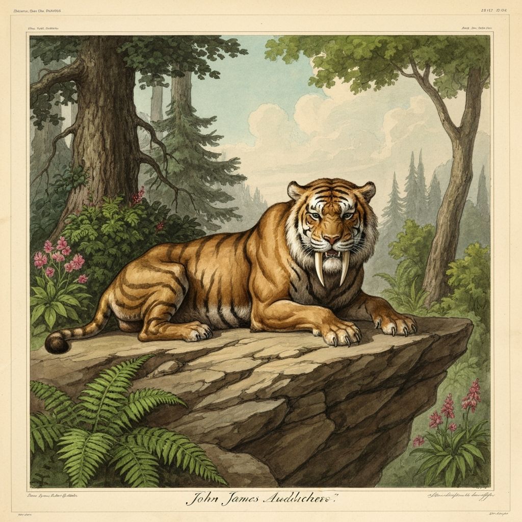 A saber-toothed tiger resting on a rocky ledge watercolor  by @Aczél Judit