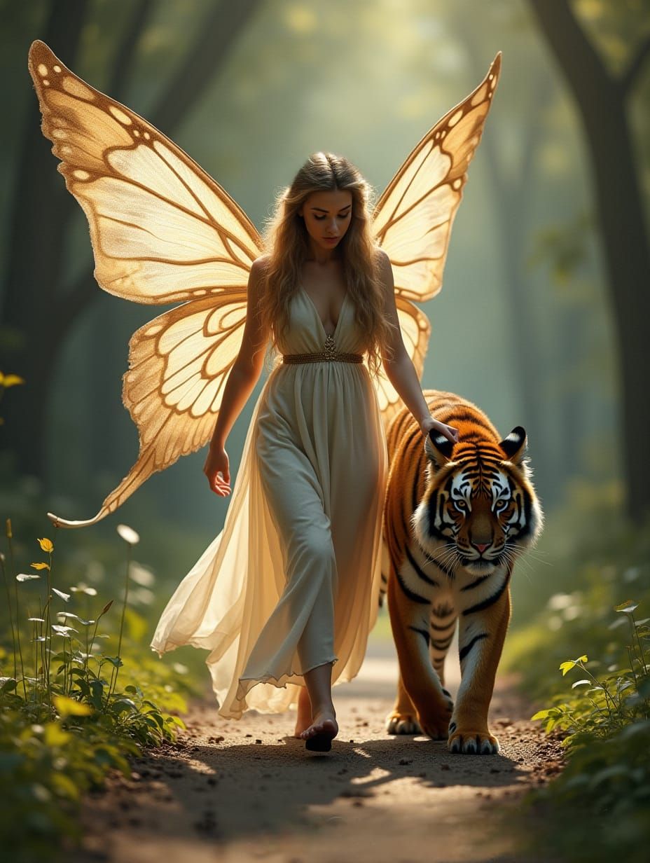 Ethereal Fairy with wings walking with a Bengal Tiger on foo...