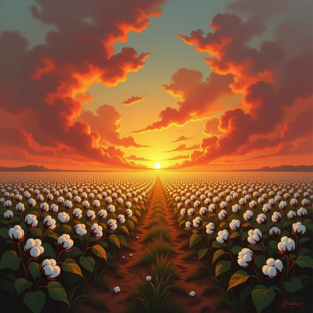 Surreal Oil Painting of Cotton Field Contrasting Fiery Chasm