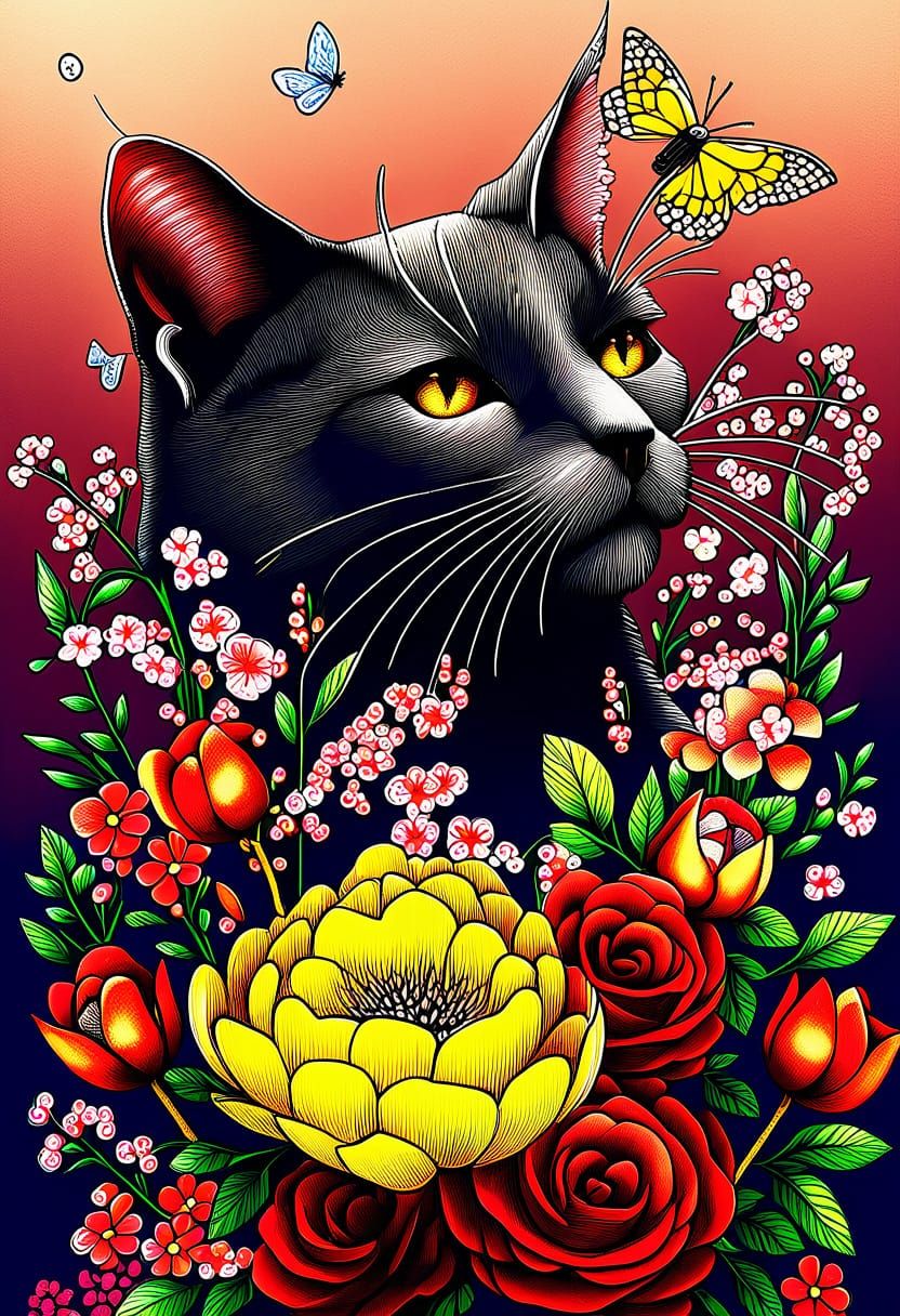 Whimsical Black Cat Amidst Cherry Blossoms in Japanese-Inspi...