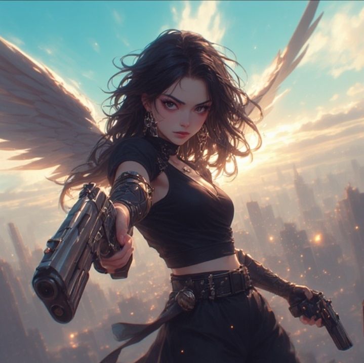 GOTHIC FEMALE ANGEL HOLDING TWO BERETTA PISTOLS IN A SHOOTOU...