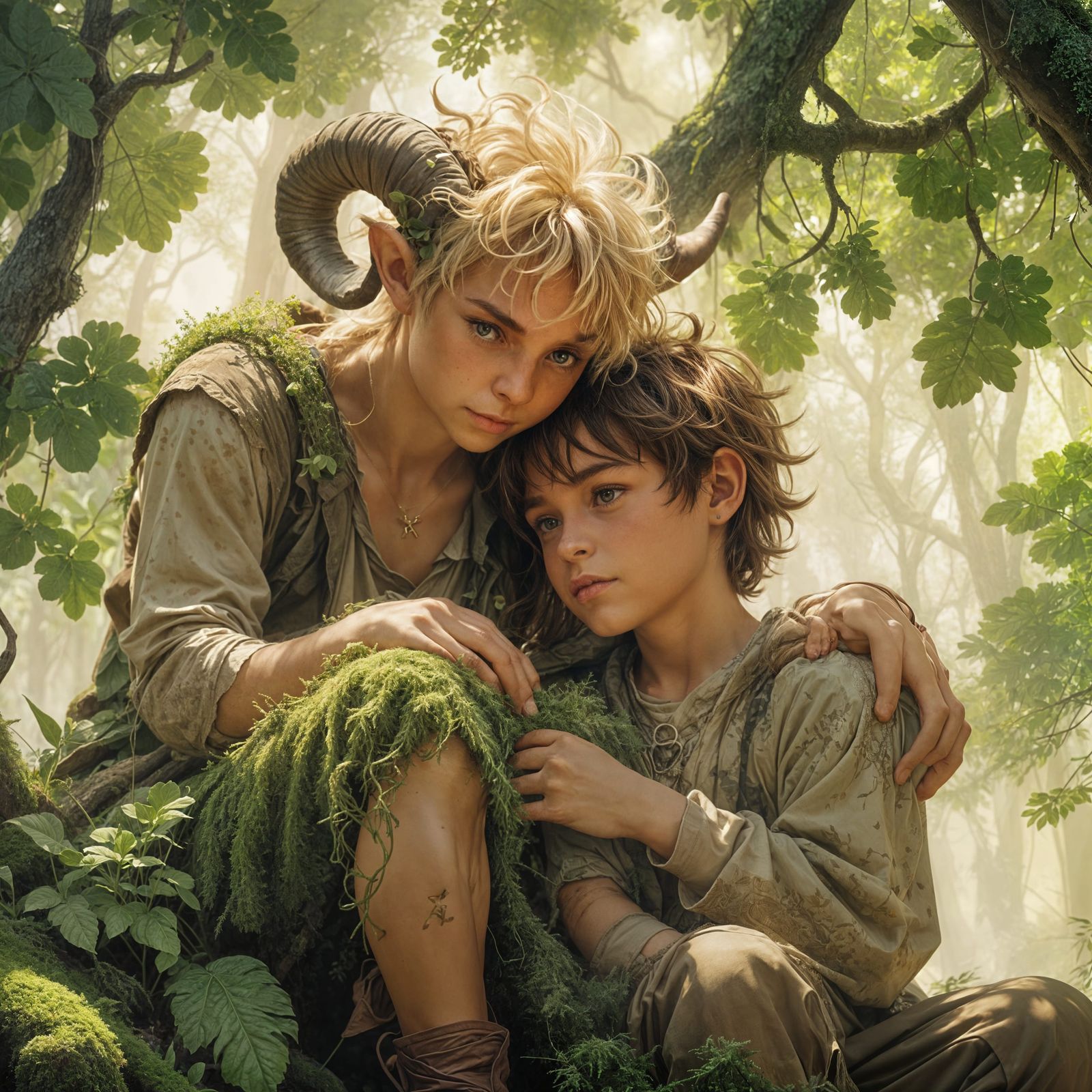 Boy and Faun in Enchanted Forest