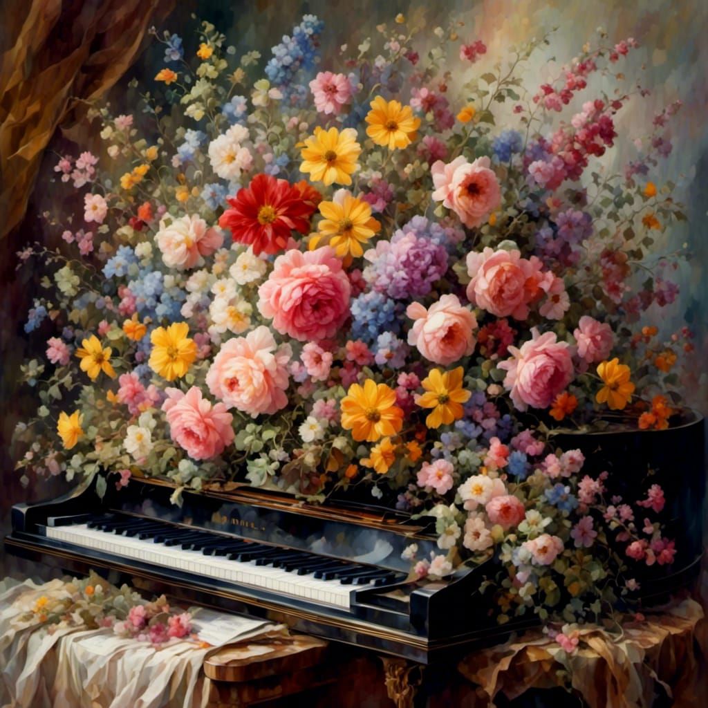 Pastel Flower Arrangement on Piano, Romantic Style