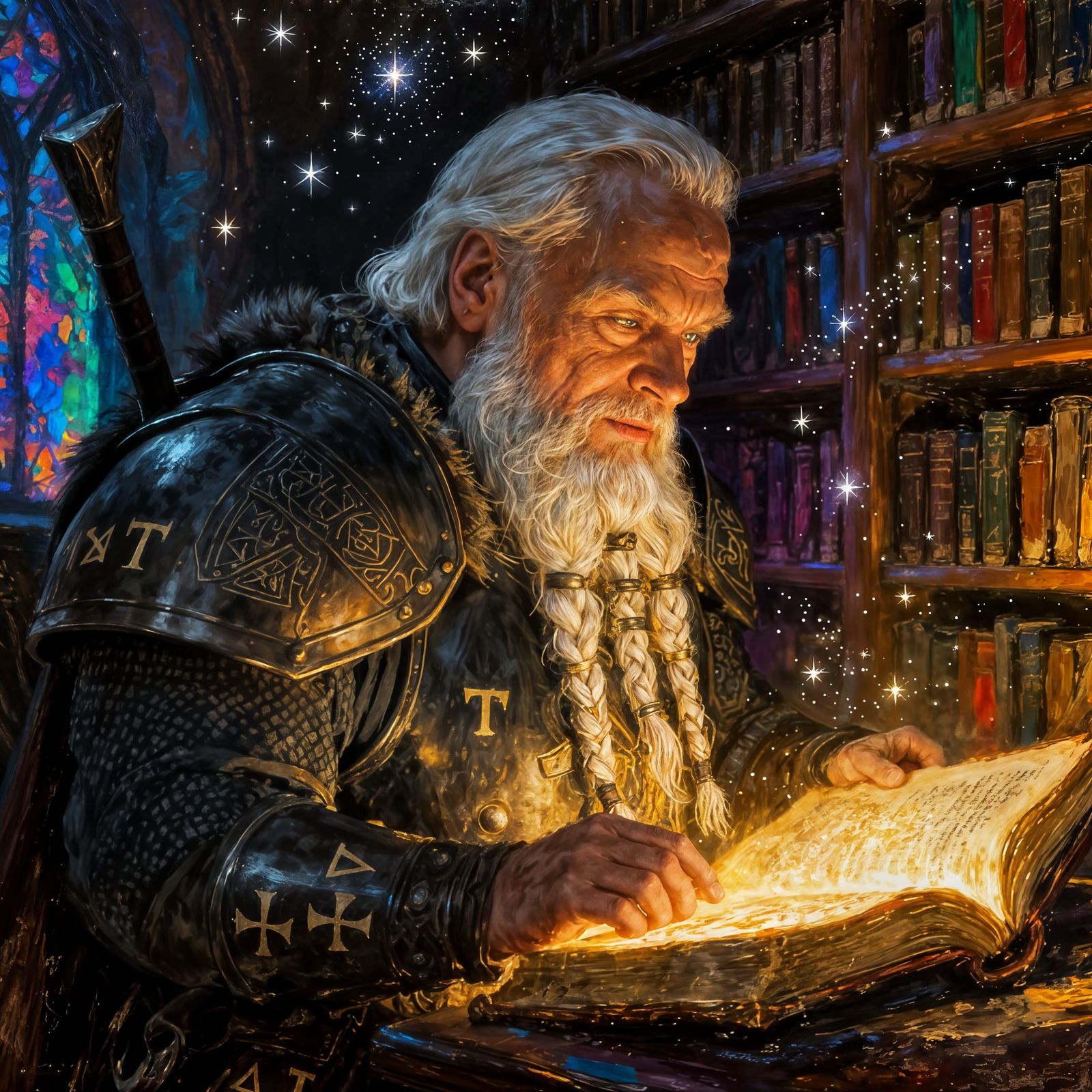 A sturdy old dwarven Warrior, with a long white beard and plate armor embroidered with dwarven Runes, ...  by @Olemanwalkin 