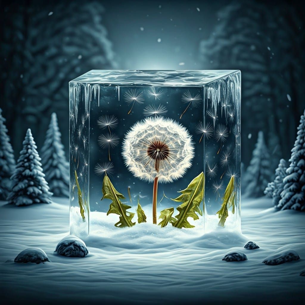  transparent frozen ice cube with a dandelion flower   by @EHACKMANN 