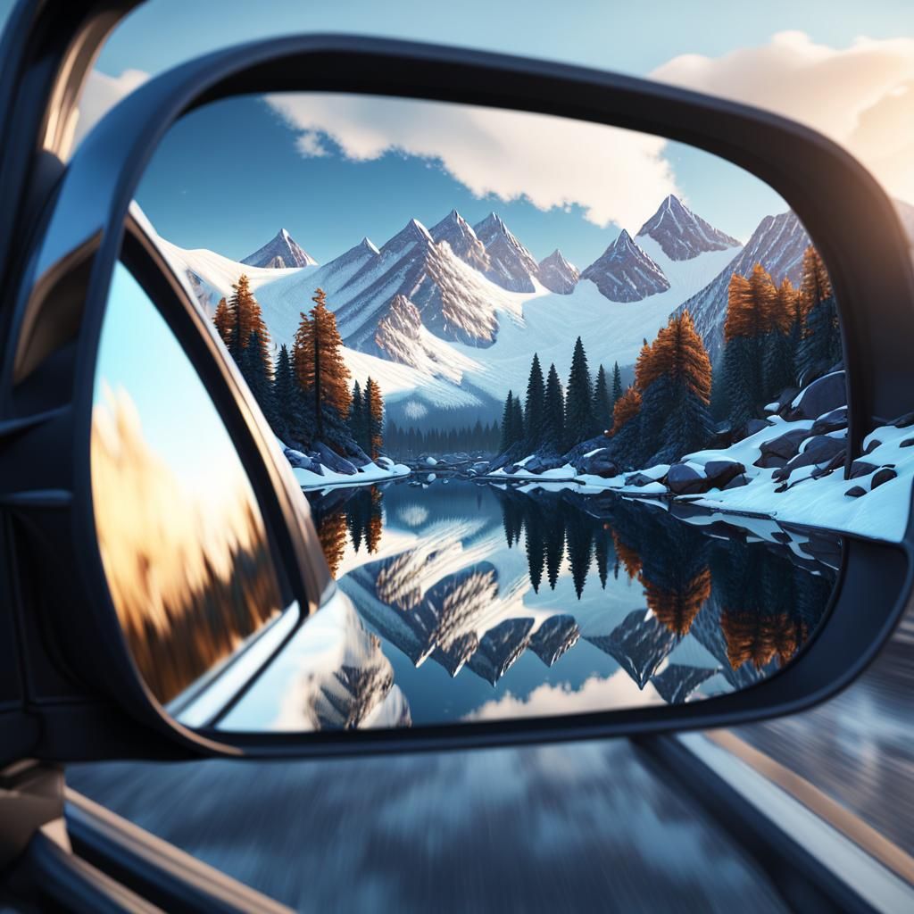 Snow-capped mountain reflection in a side car mirror   by @Melissa Fischer