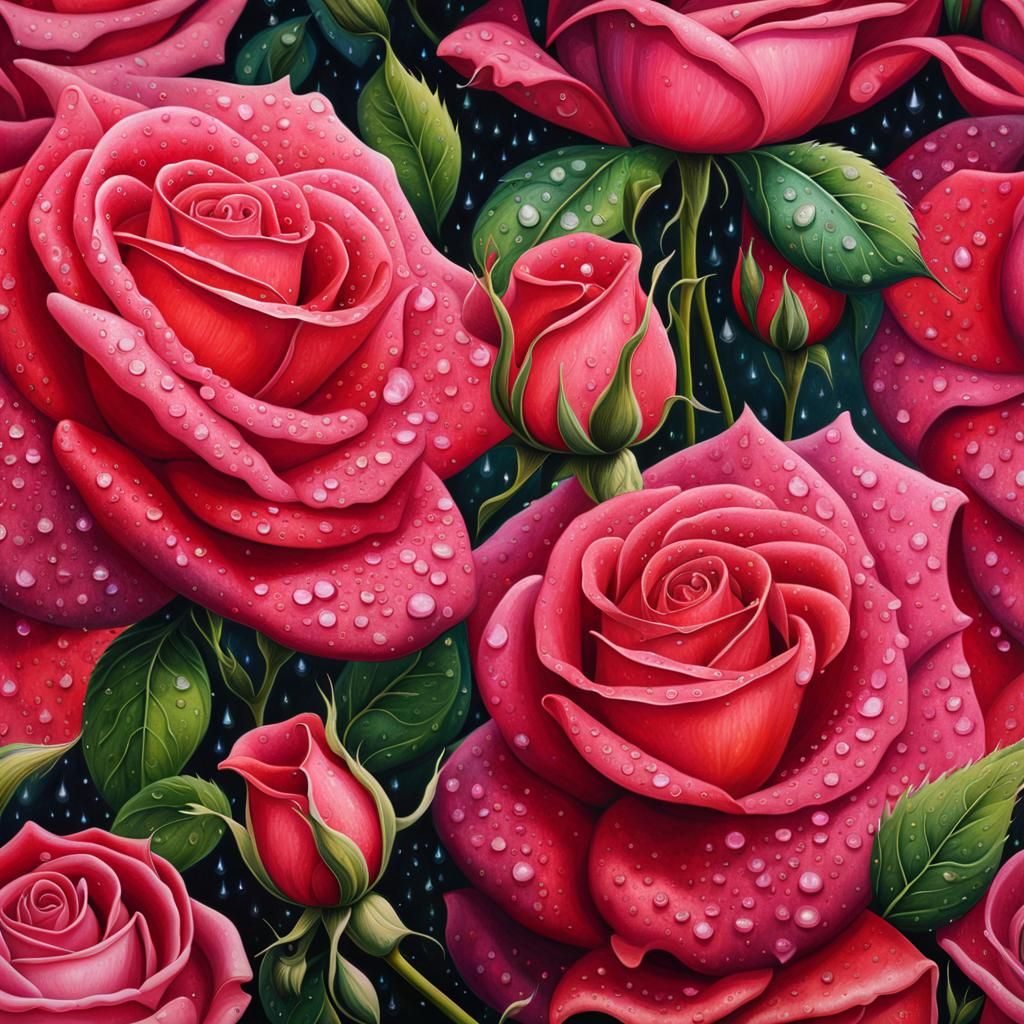 Dew drops on Roses. Insanely detailed hyperrealistic fantasy whimsical ...