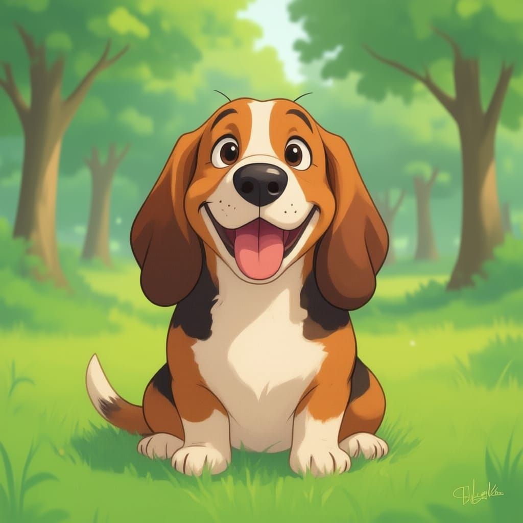 a happy smiling basset hound who is sitting in a studio ghibli style 