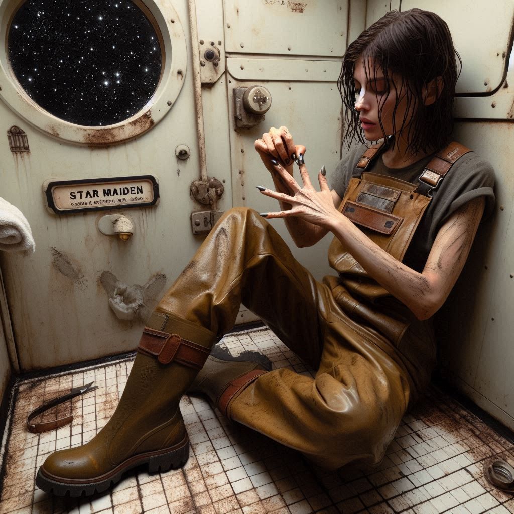In the restroom of an old spacefreighter, a tired female wor...