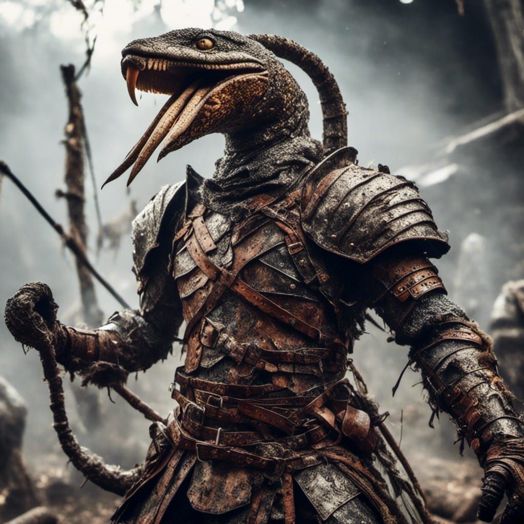 <lora:Battle Animals:1.0> Anthropomorphic Battle Snake dress...