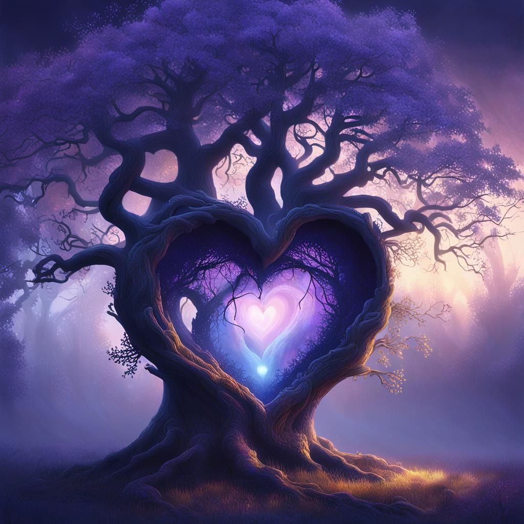 Mystical Heart Tree in Surrealist Painting Style